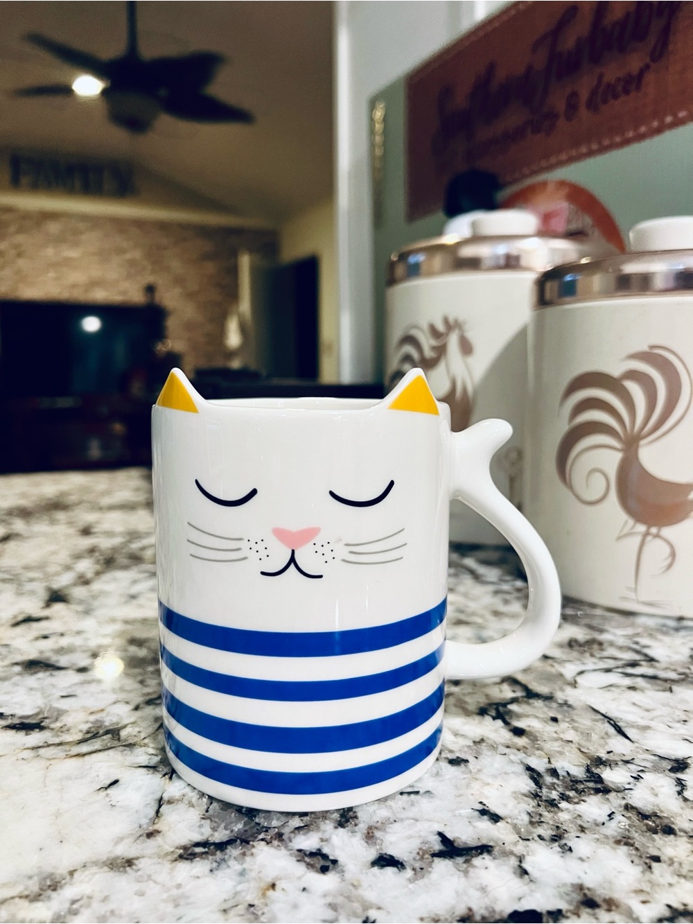 Cat Coffee Mug.  Blue & White.  Cat ears, face and tail.  Holds 12oz. Ur/p79